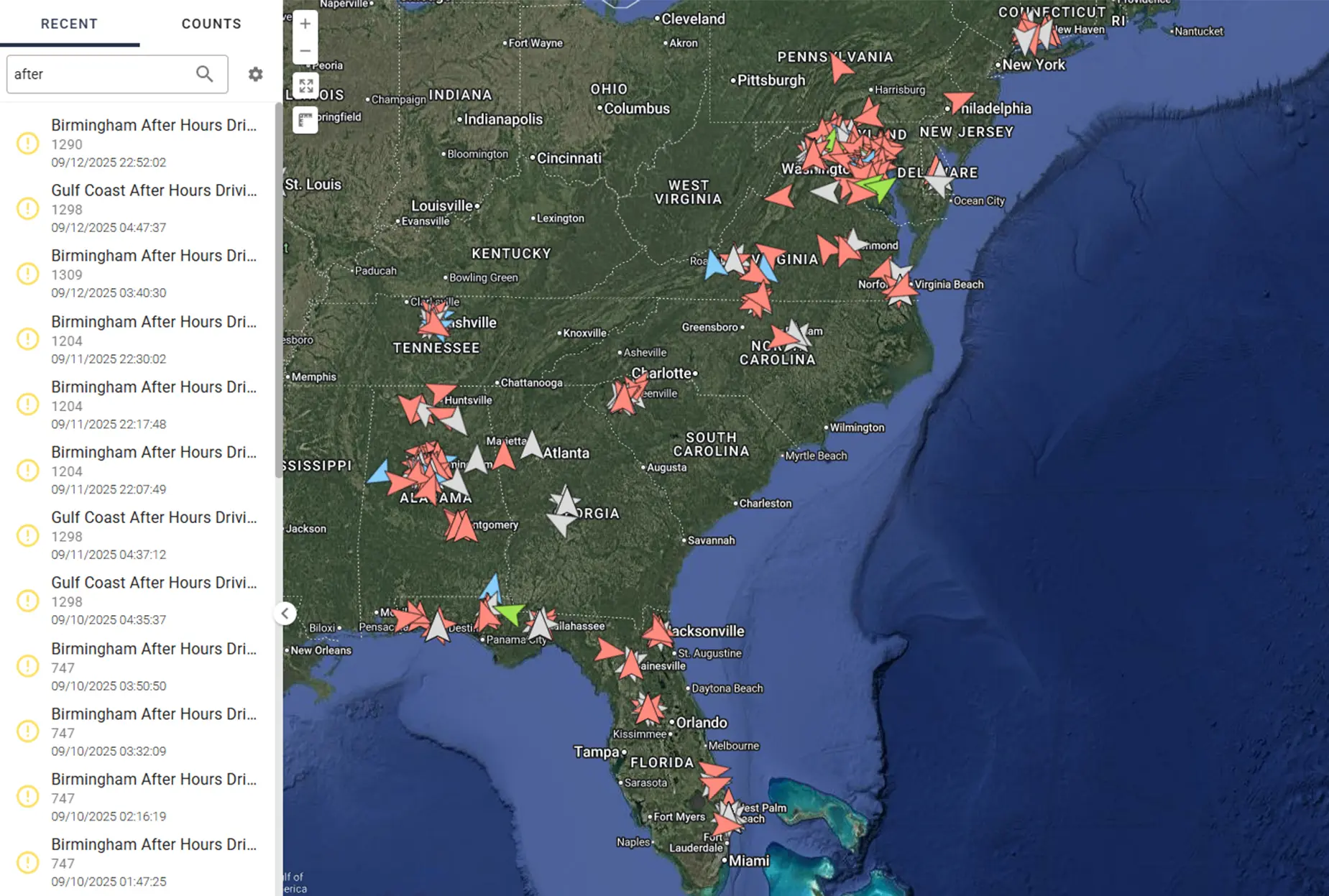 Fleet GPS dashboard showing vehicle locations and after-hours driving alerts across the southeastern United States on a live tracking map