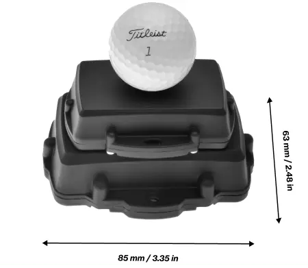 Golf ball comparing the size of the One Step GPS battery tracker
