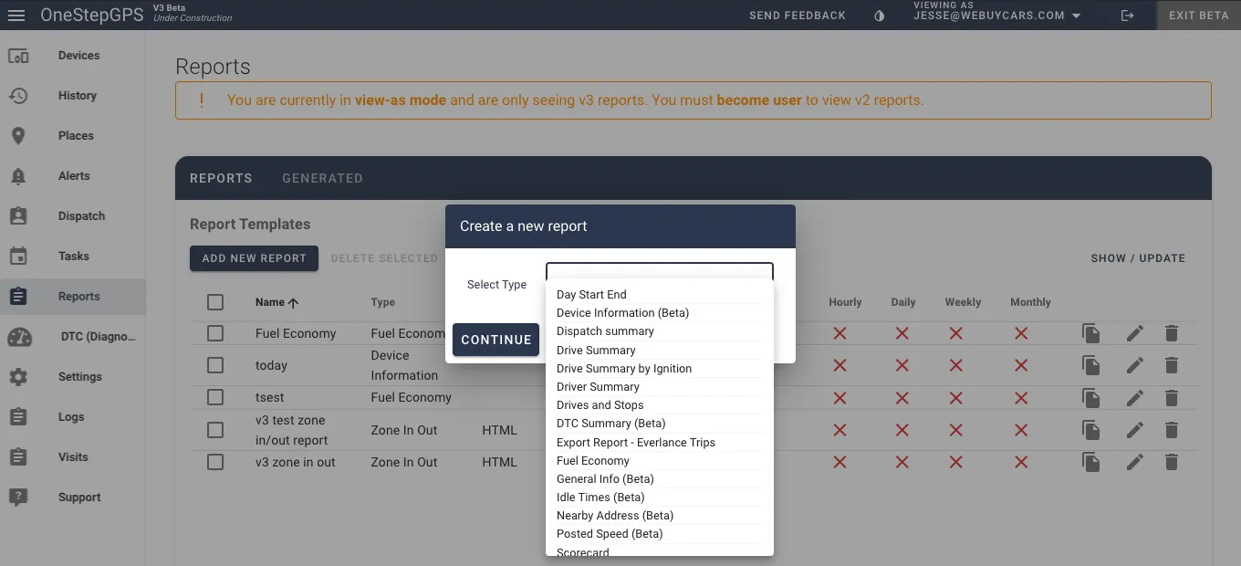 One Step GPS dashboard showing custom reports panel