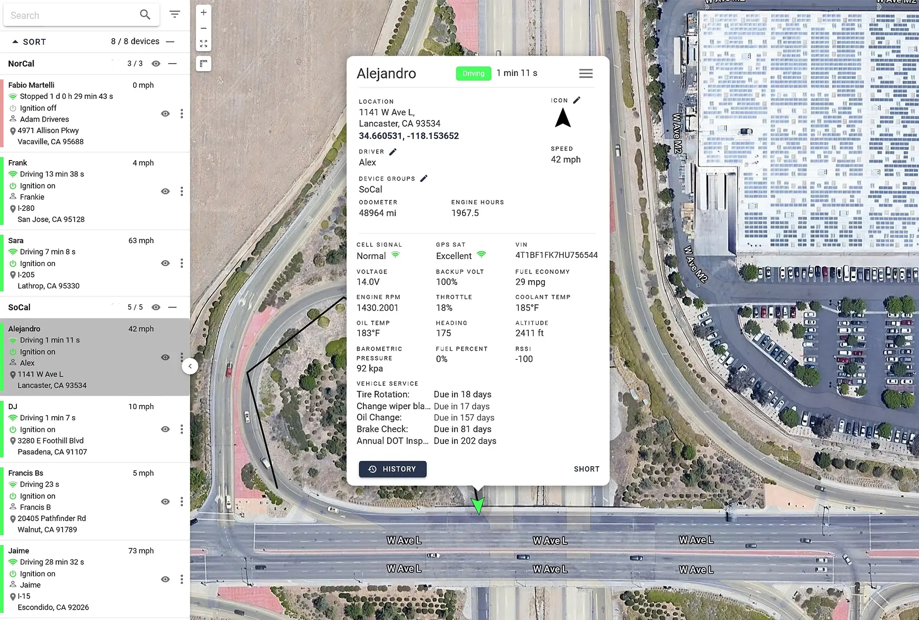 Live vehicle data view in One Step GPS showing engine status, fault codes, fuel level, speed, and location