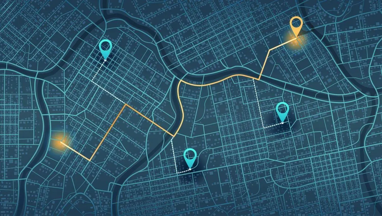 Map with location pins and highlighted route