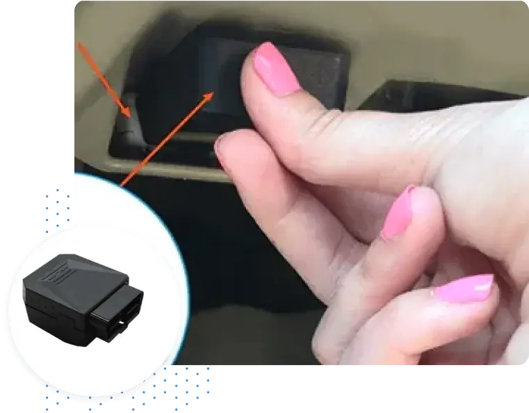 Close-up of a plug-and-play GPS tracker being installed into a vehicle OBD port