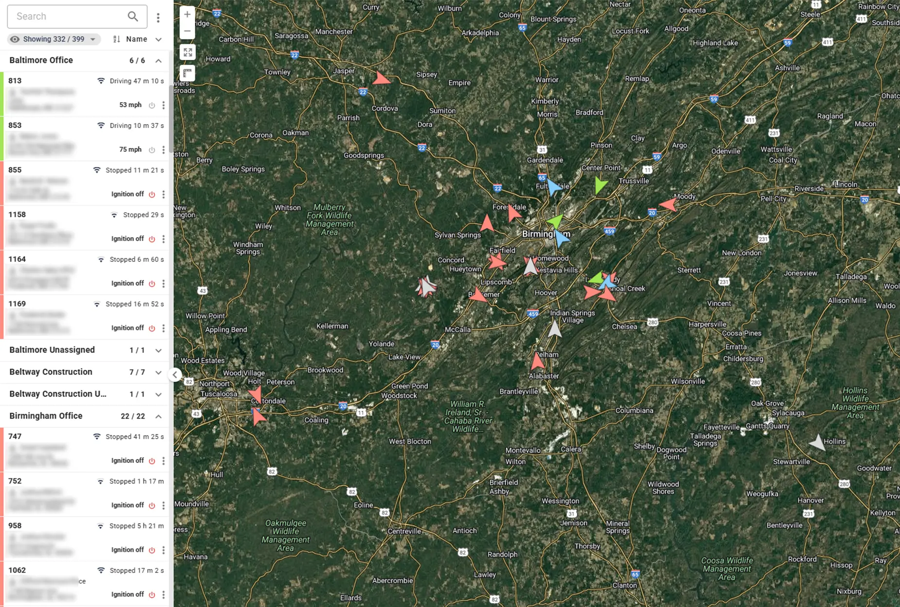 Overview of multiple job sites on a regional map, showing various locations tracked by One Step GPS for fleet management.