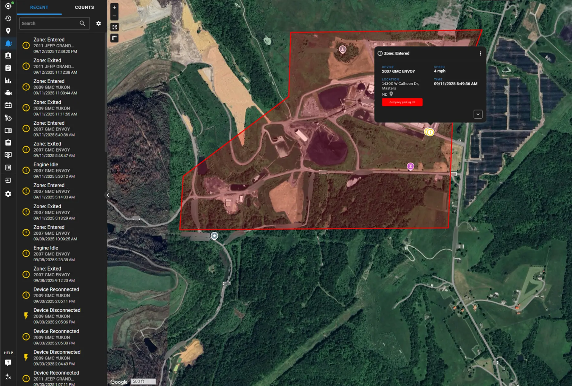 Satellite map view of a large custom geofence zone with a vehicle entering alert displayed inside the One Step GPS platform